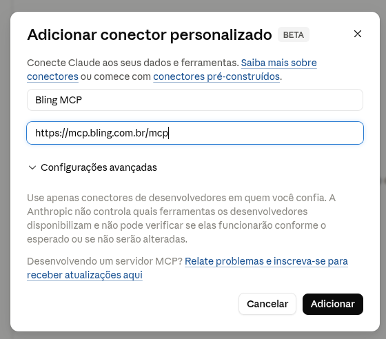 Dê um nome e cole a URL: mcp.bling.com.br/mcp