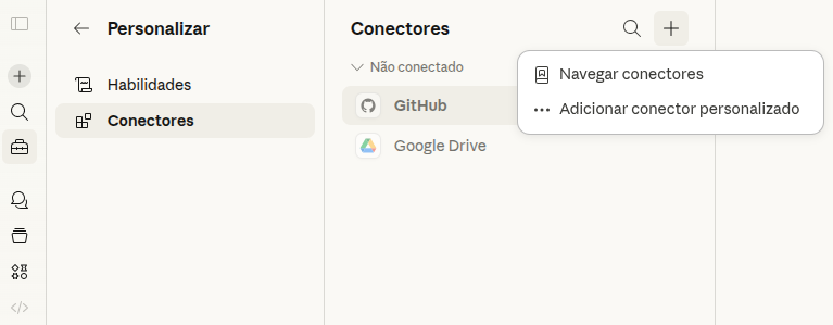 Clique no “+” e em “Adicionar conector personalizado”