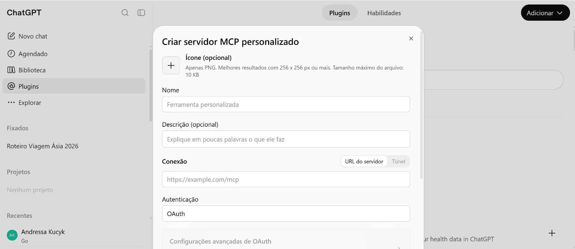 Em “Criar servidor MCP personalizado”, preencha os campos