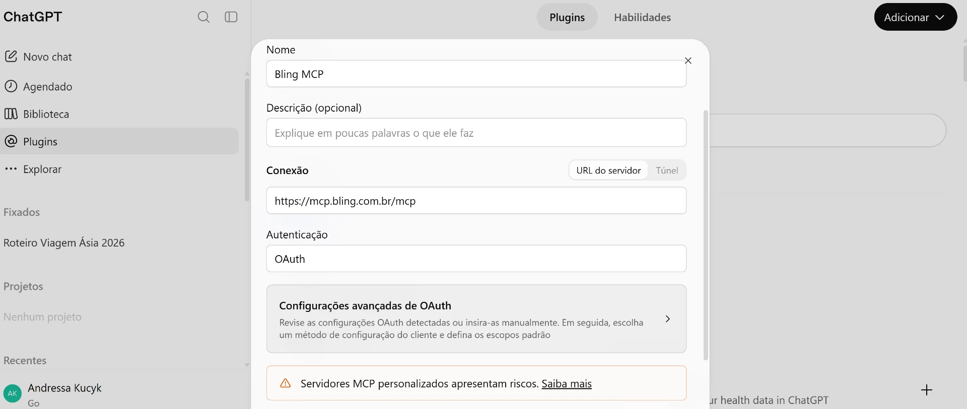 Nome “Bling MCP”, URL mcp.bling.com.br/mcp e autenticação OAuth