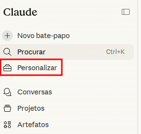 Em sua conta no Claude, clique em “Personalizar”