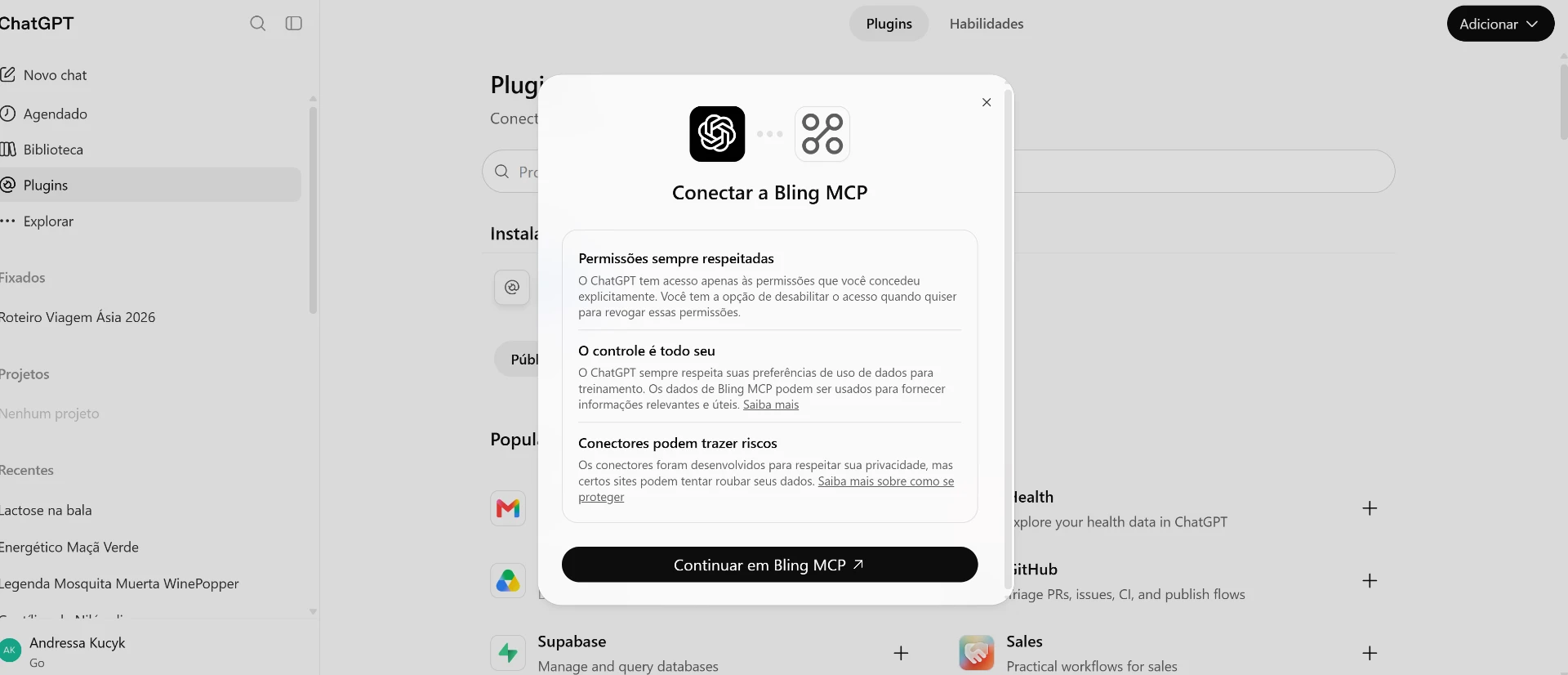 Clique em “Continuar em Bling MCP”